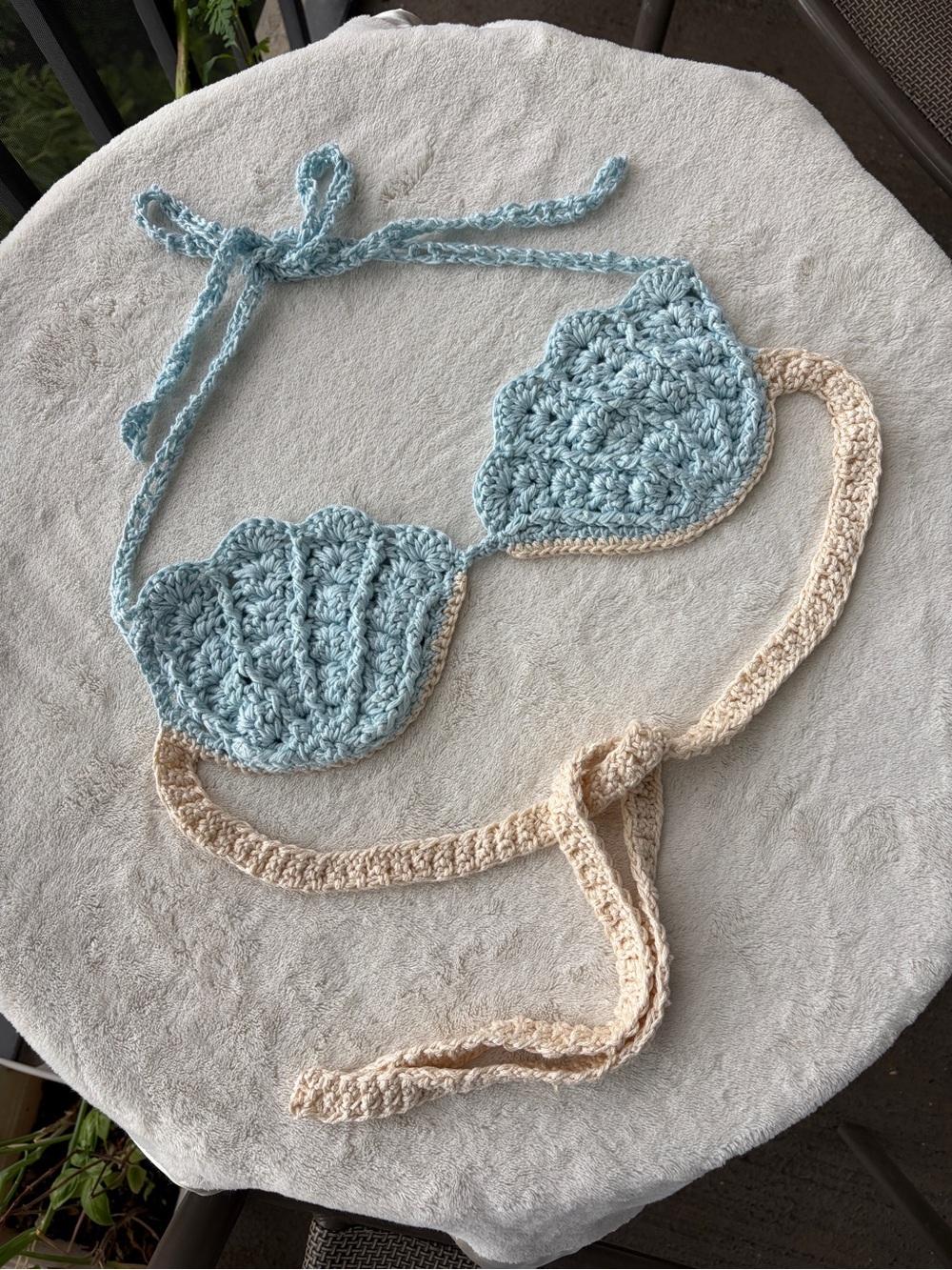 Handmade Crochet Shell Bikini Top — Light Blue and Cream